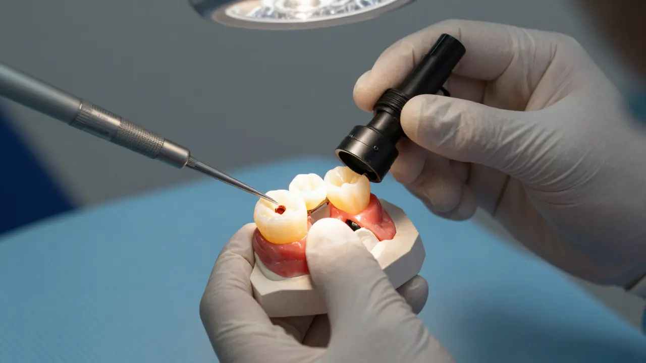 Zubní lékař připevňuje keramickou onlay na zub s celým dentinem