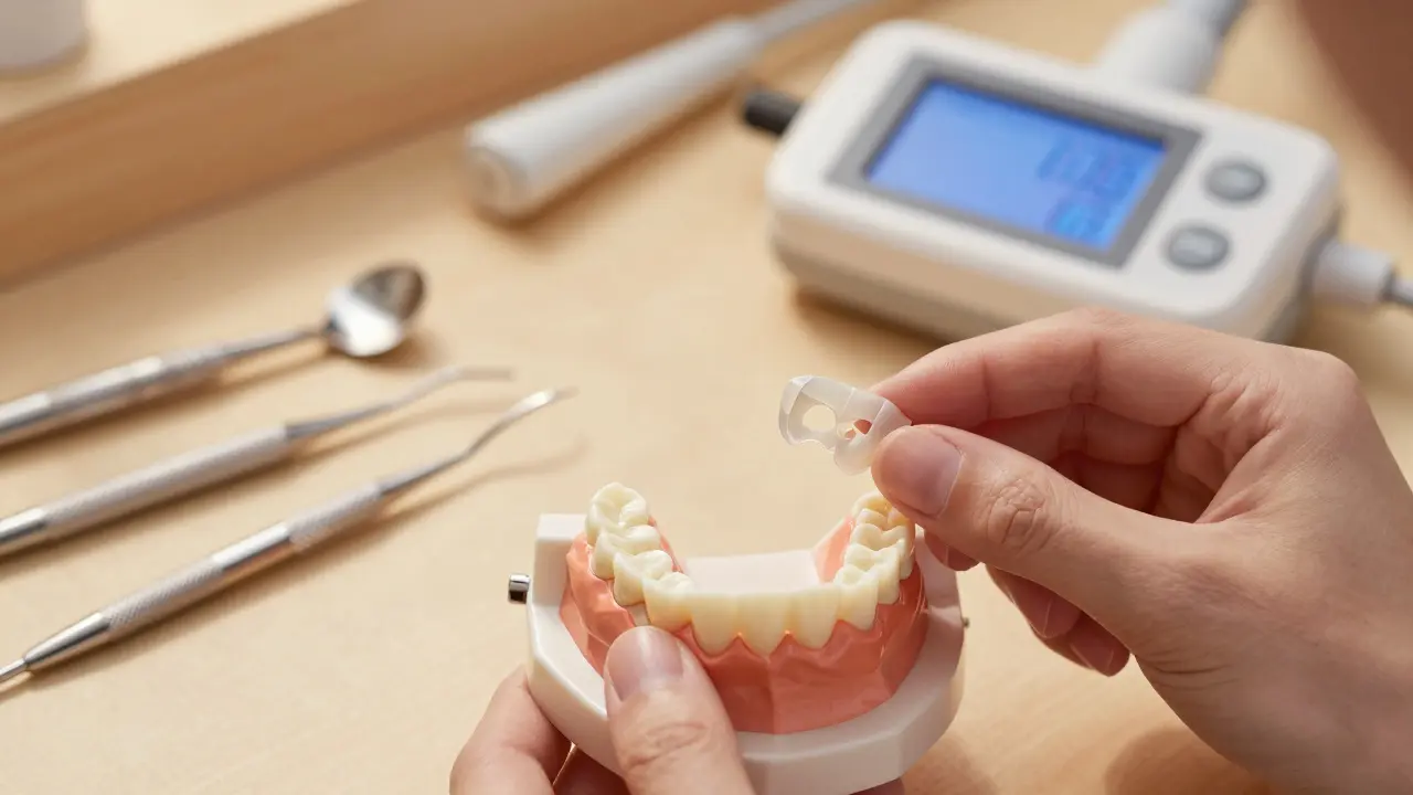 Zubní model s keramickou onlay částí a nástroji.