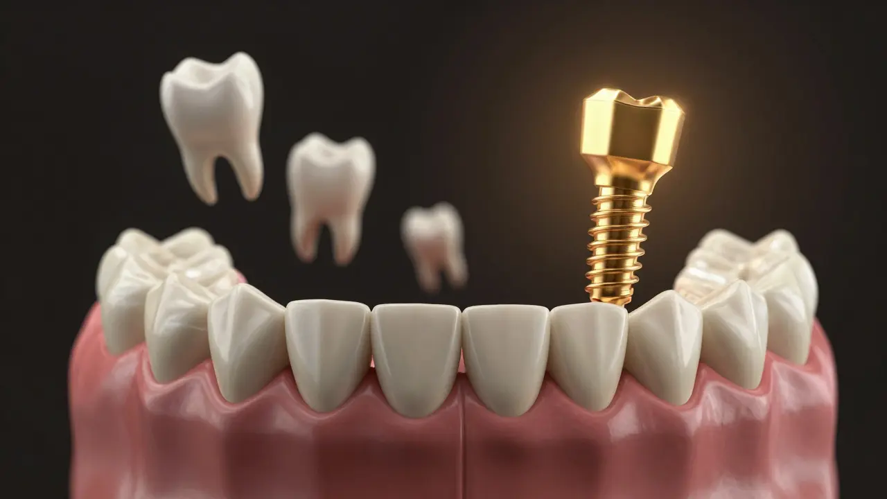 Zubní můstek chybí, zuby se posouvají, zatímco implantát září jako trvalé řešení.