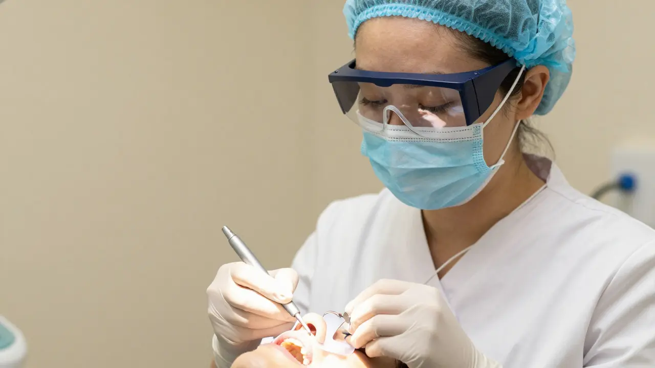 Zubní specialista připravuje ochranu dásní pro pacienta.