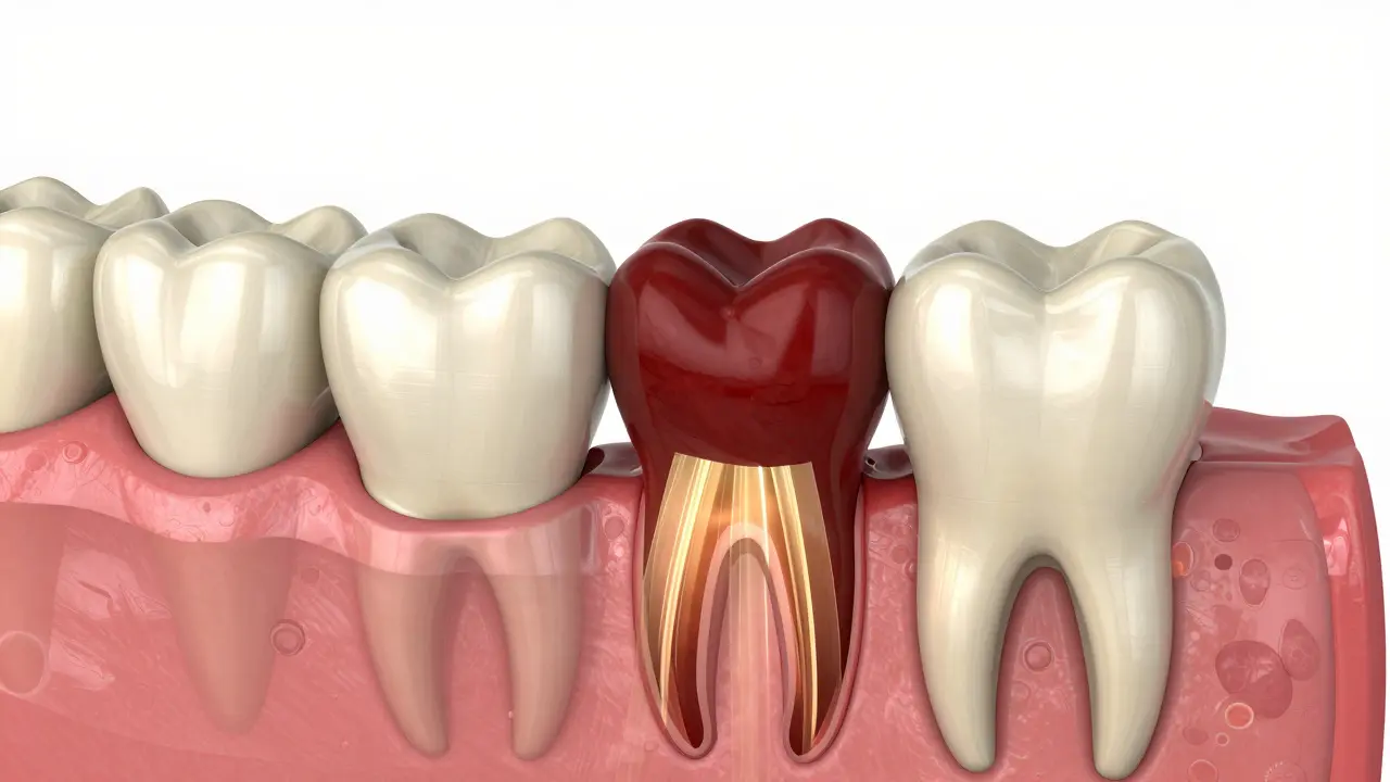 3D ilustrace procesu hojení zubního lůka s krevní sraženinou a regenerací tkání.