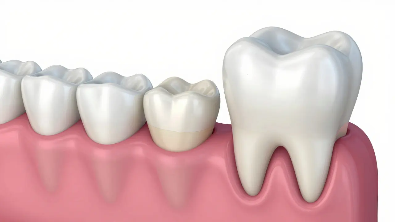 3D ilustrace procesu výměny mléčného zubu trvalým zubem v čelistním oblouku.