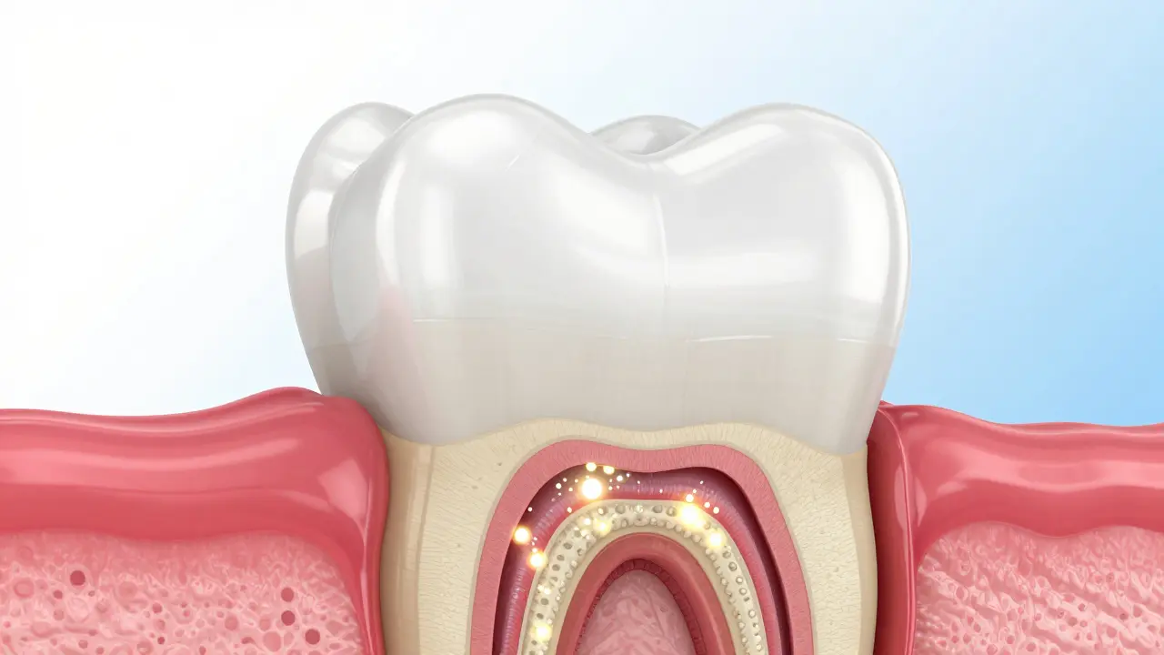3D ilustrace průřezu zubu znázornující dentinové kanálky a proces jejich uzavírání.