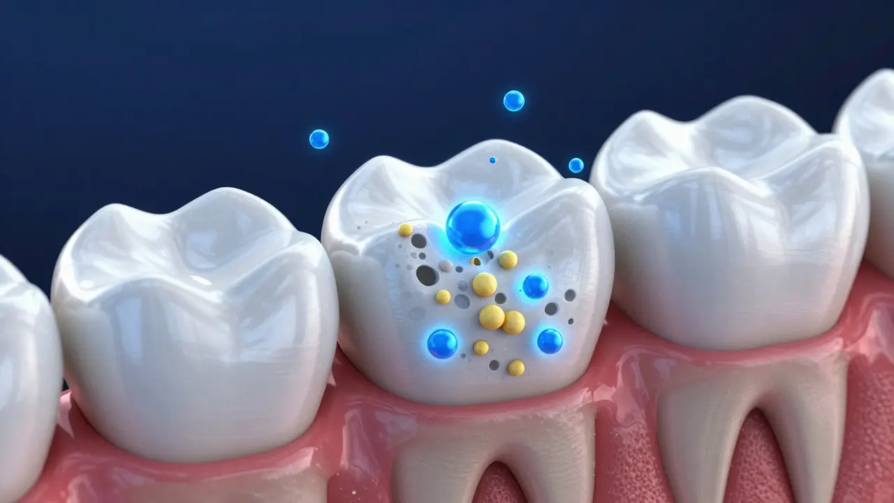 3D ilustrace působení bělicího gelu v pórech zubní skloviny.