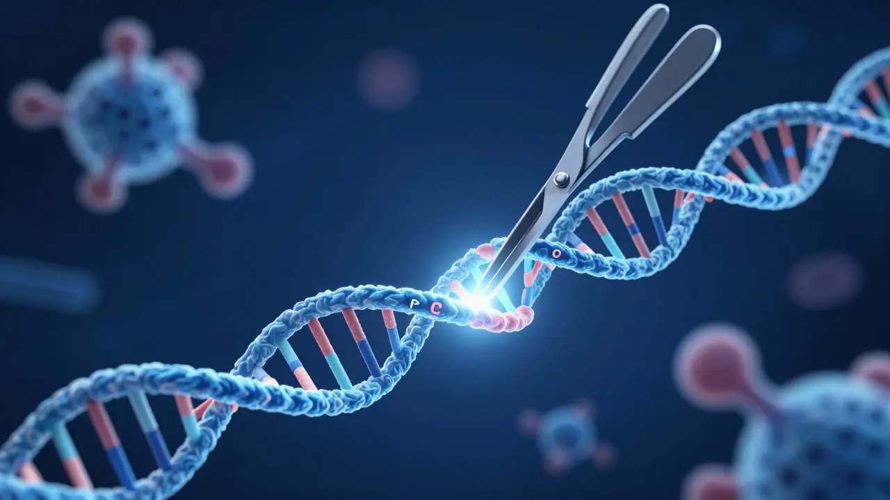 3D ilustrace systému CRISPR-Cas9 jako molekulární nůžky upravující řetězec DNA.