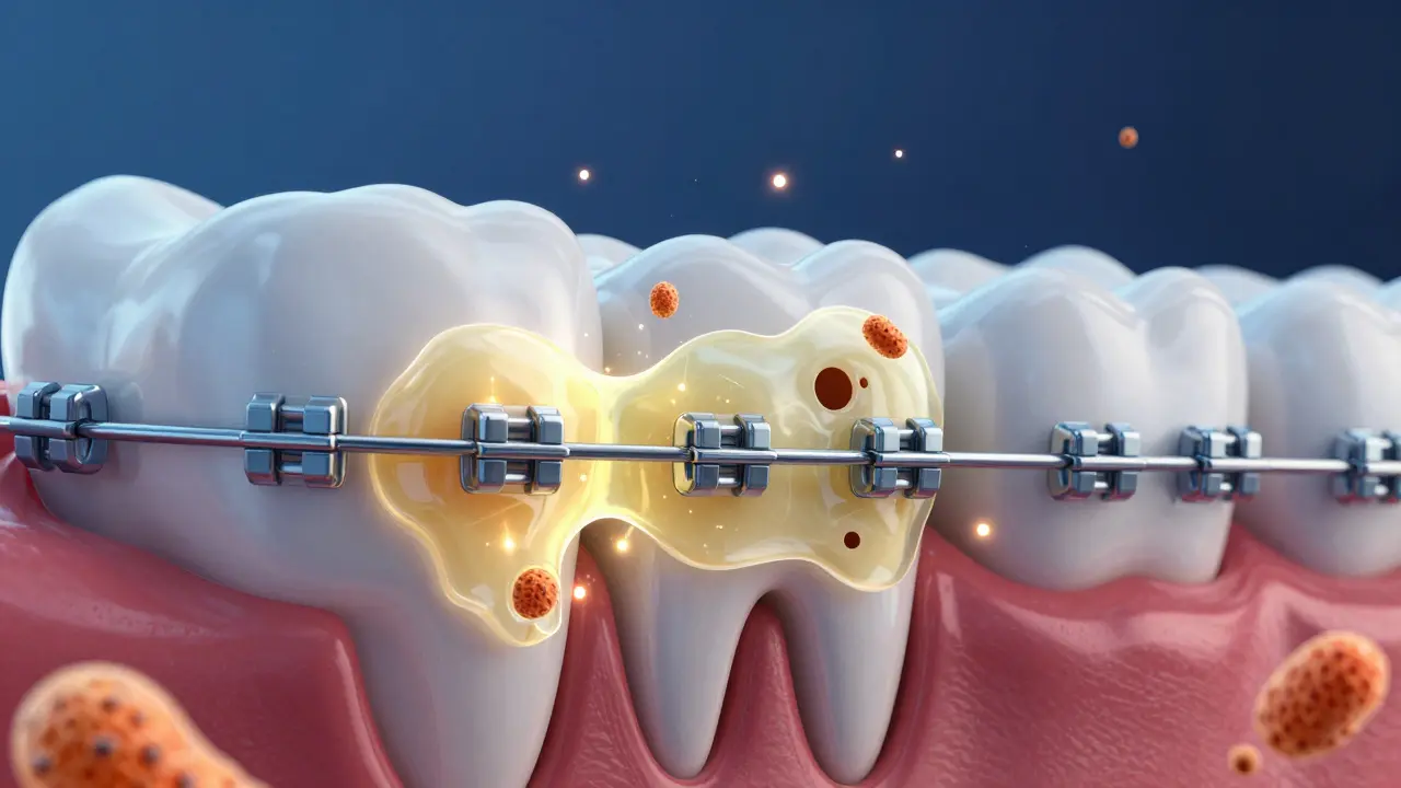 3D ilustrace zubu s rovnátkama a procesem vznikání zubního plaze.