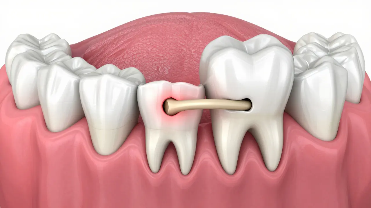 3D lékařská ilustrace zácestného moudráku tlačícího do sousedního zubu.