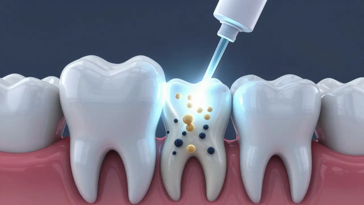 3D vizualizace procesu bělení zubů, kde kyslík odstraňuje pigmenty z dentinu.