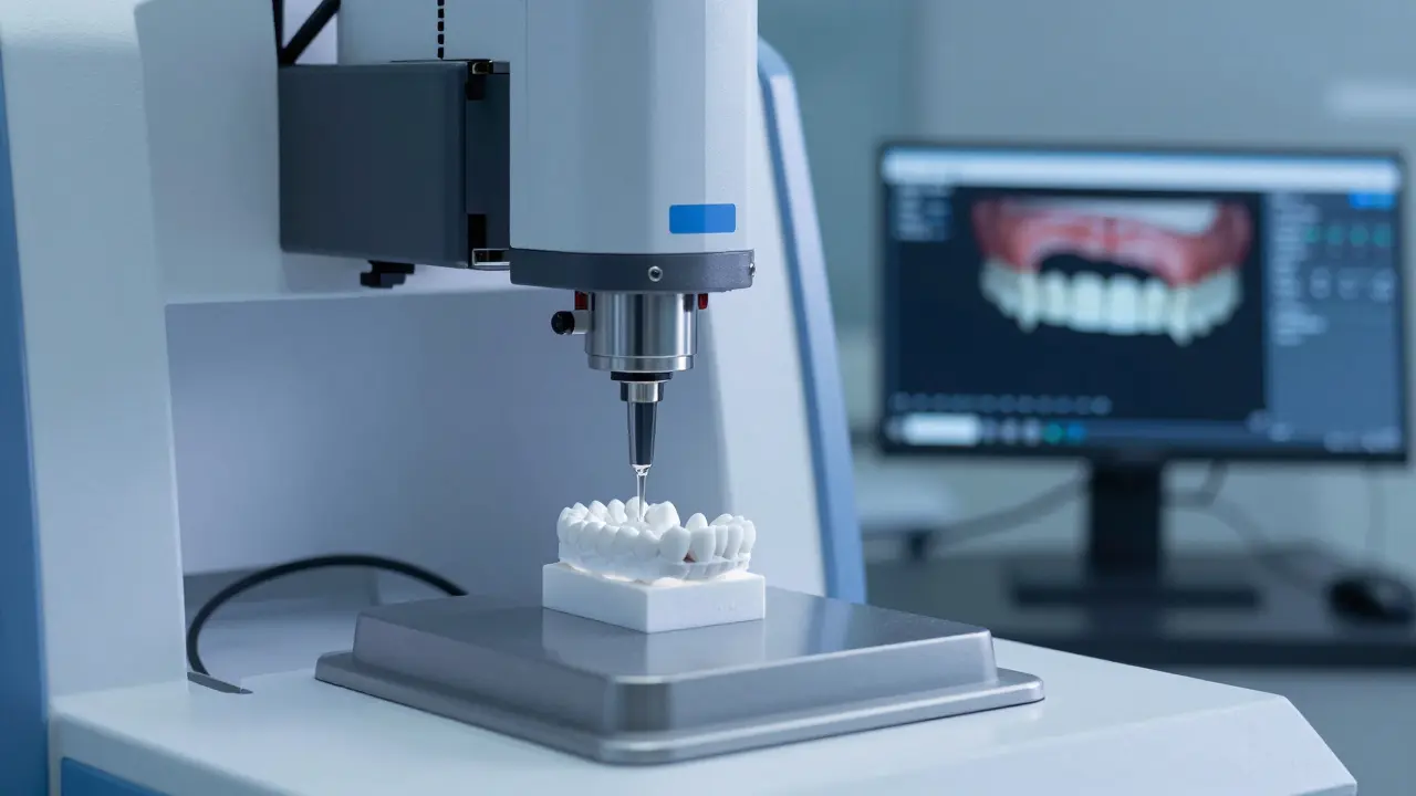 CAD/CAM frézovací stroj vyrábějící zirkoniovou korunku v laboratoři.