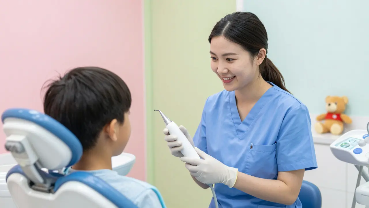 Dentální hygienička jemně vysvětluje děti fungování ultrazvukového přístroje.