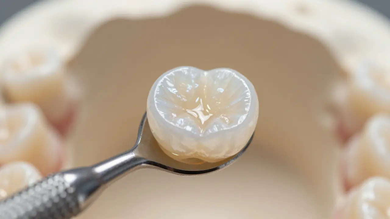 Detail celokeramické fasety s přirozeným zakončením a leskem