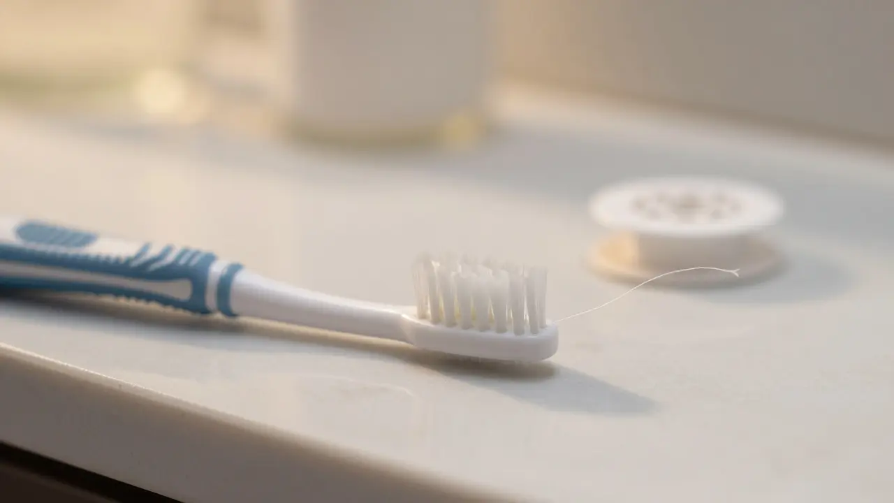 Detail hlavice sonického kartáčku a zubní nití na mramorovém povrchu.