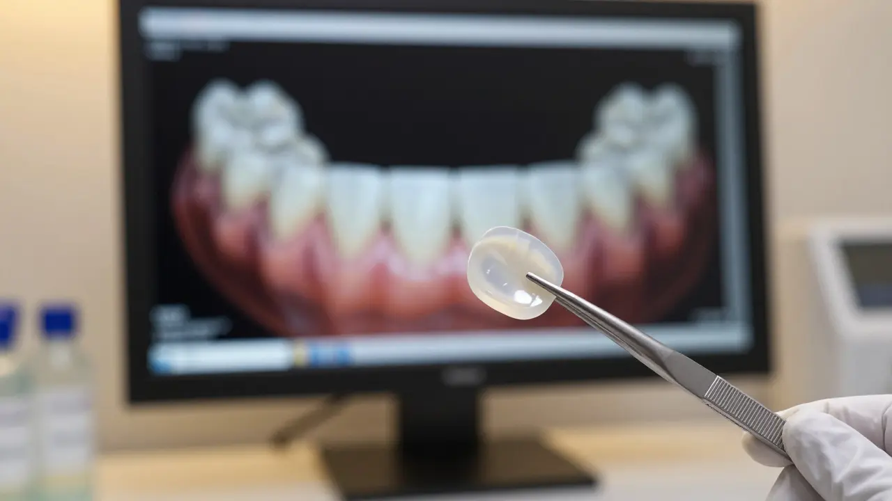 Detail keramické fazety v zubní laboratoři s digitálním skenem zubů v pozadí.