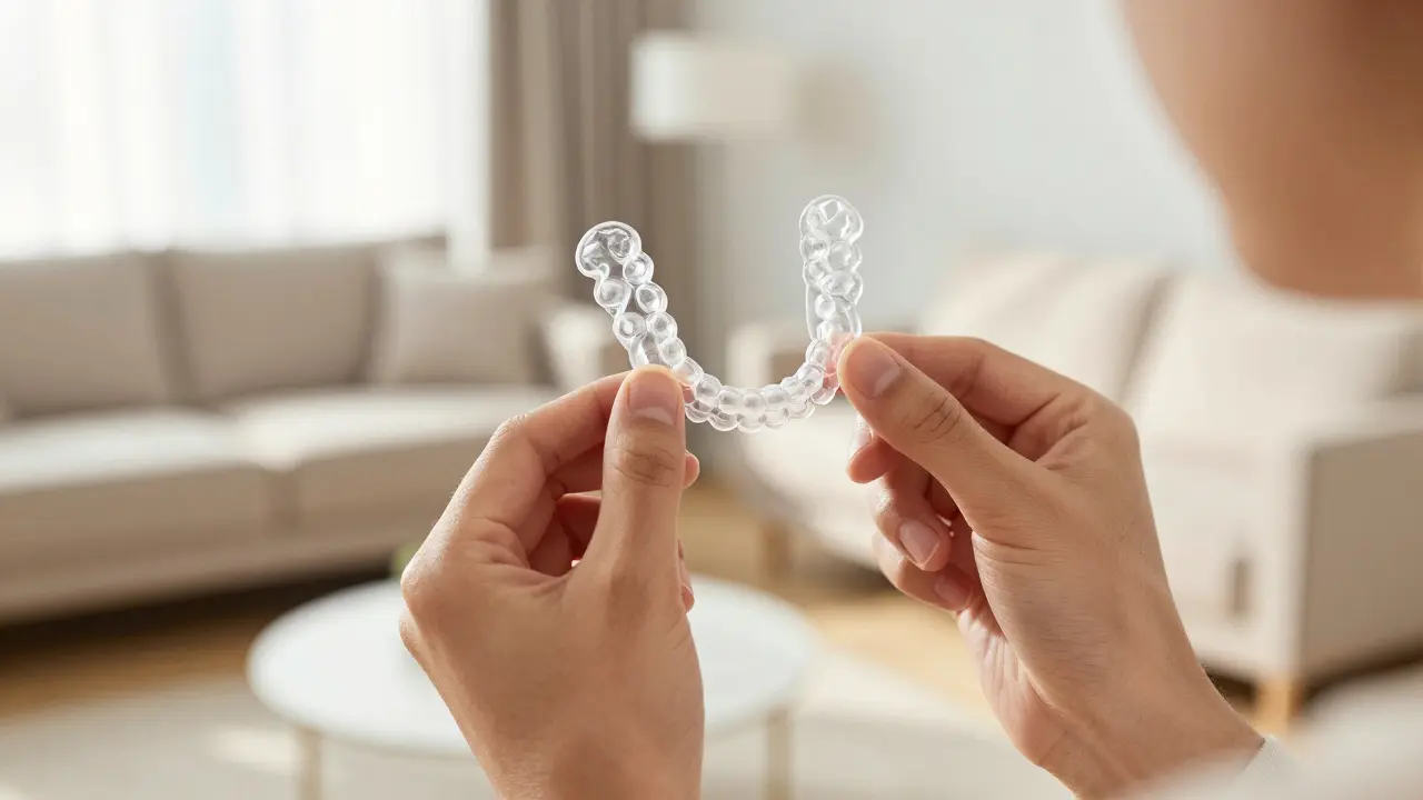 Detail průhledného aligneru v ruce, symbolizující moderní a diskrétní narovnání zubů.