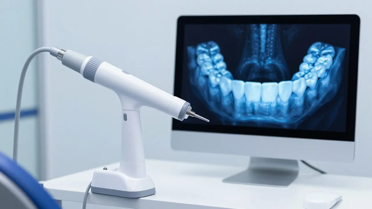 Digitální intraorální skener vytvářející 3D model čelistí pacienta.