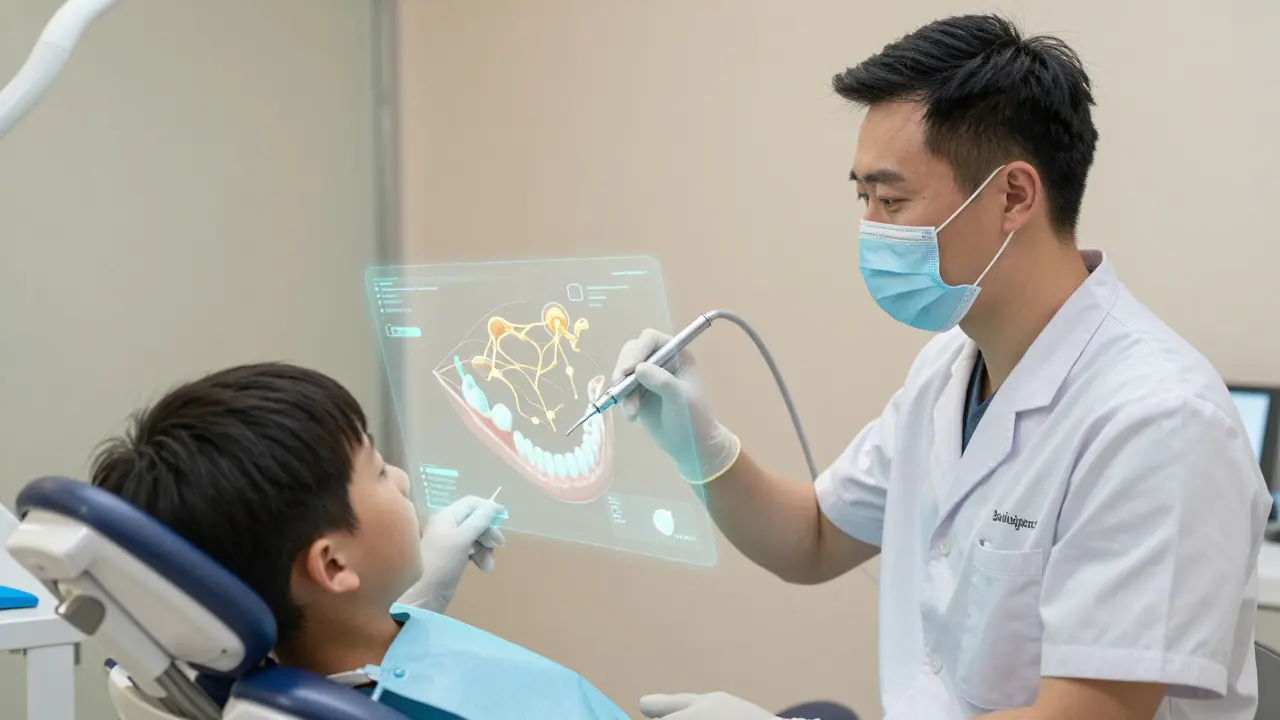 Futuristický stomatolog pracující s holografickou projekcí růstu čelistí dítěte.