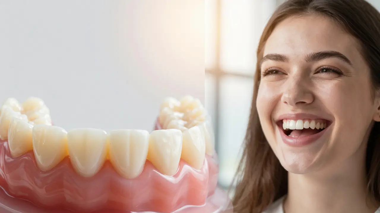 Koláž znázornující odolnost zirkonové korunky a sebevědomý úsměv.