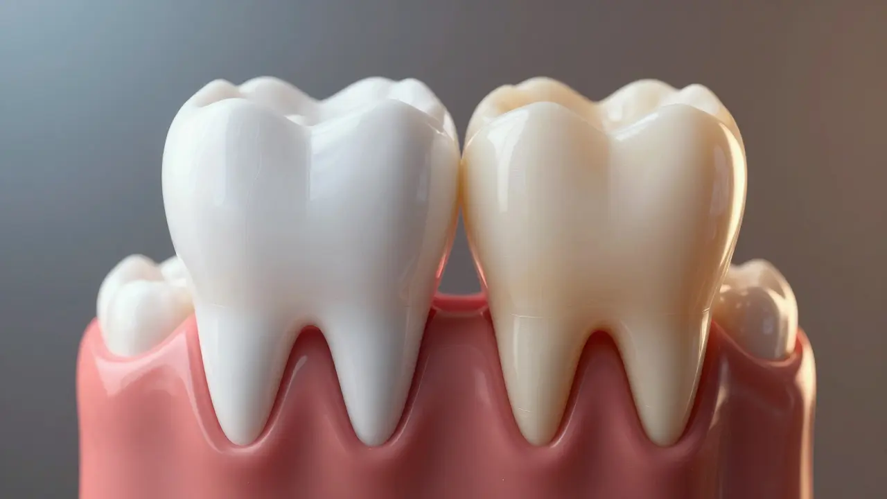 Konceptuální srovnání bílého mladého zubu a žlutnatého zubu v seniorském věku.