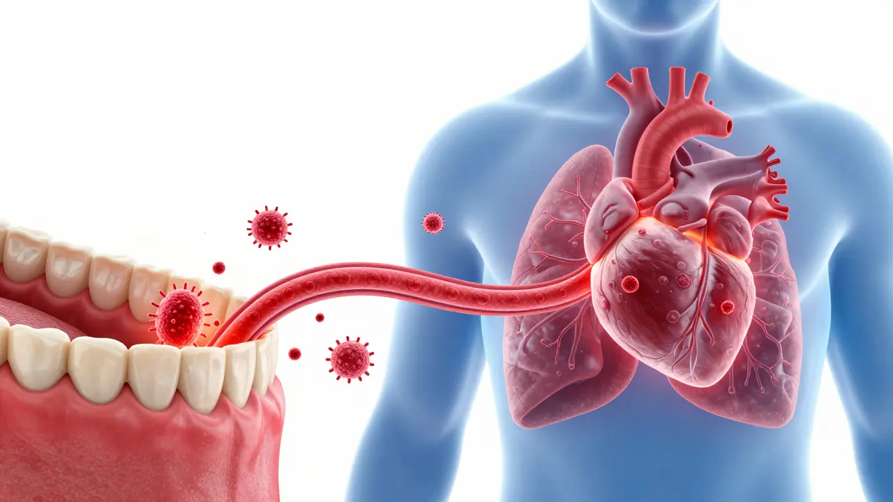 Konceptuální znázornění cesty bakterií z zánětu dásní do krevního oběhu a orgánů.