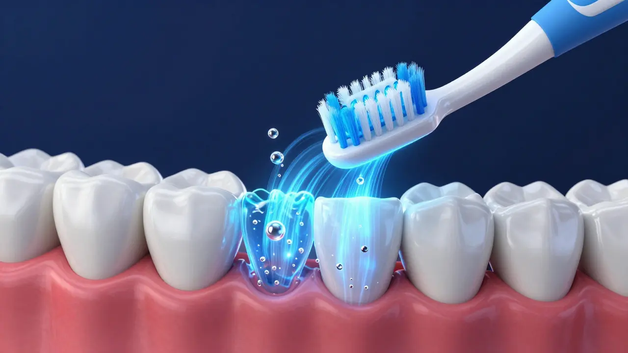 Konceptuální znázornění sonických vln a bublinek čistících mezery mezi zuby.