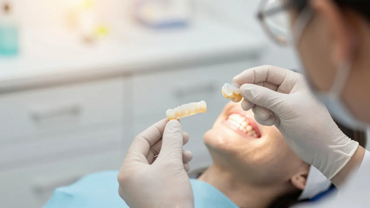 Konzultace estetické stomatologie s ukázkou keramické fasety.