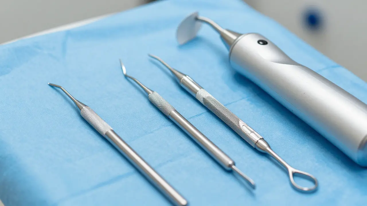 Kovové kyrety a ultrazvukový přístroj na sterilním podloží.