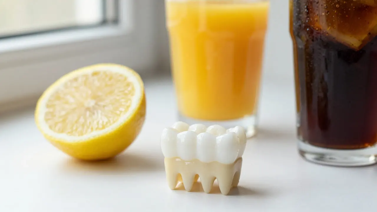 Kyselé potraviny jako citron, pomaračový džus a cola na bílém povrchu.