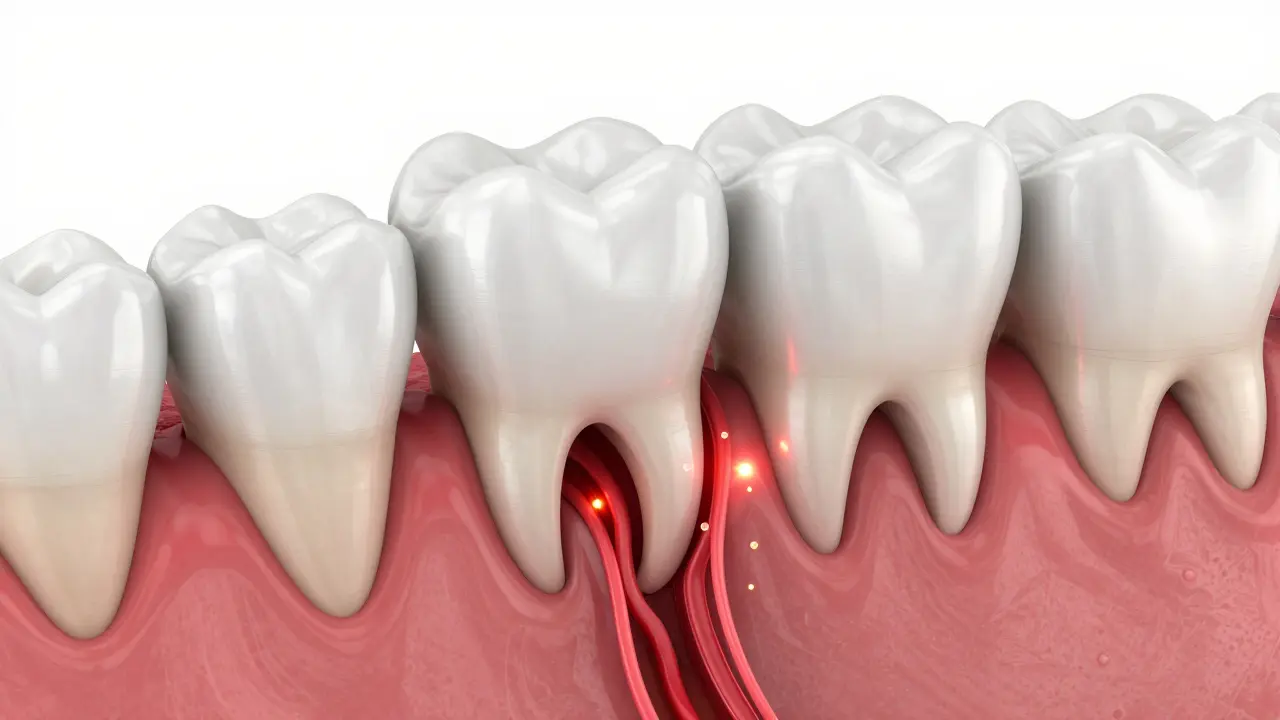 Medicínská ilustrace zánětu dásní a průniku bakterií do krevního oběhu.