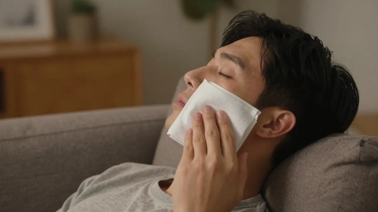 Osoba s ledovým obkladem na tváři odpočívající na pohovce během zotavení.