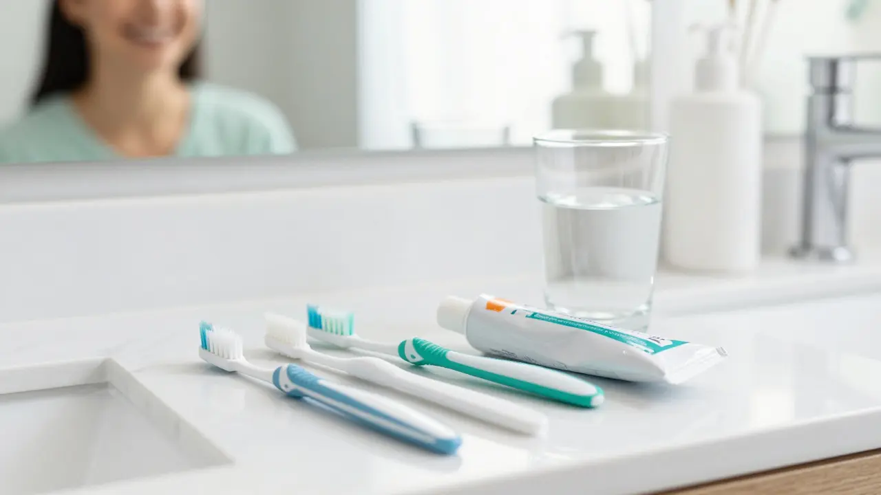 Sada pomůcek pro hygienu úst včetně mezizubních kartáčků na mramorovém stole.