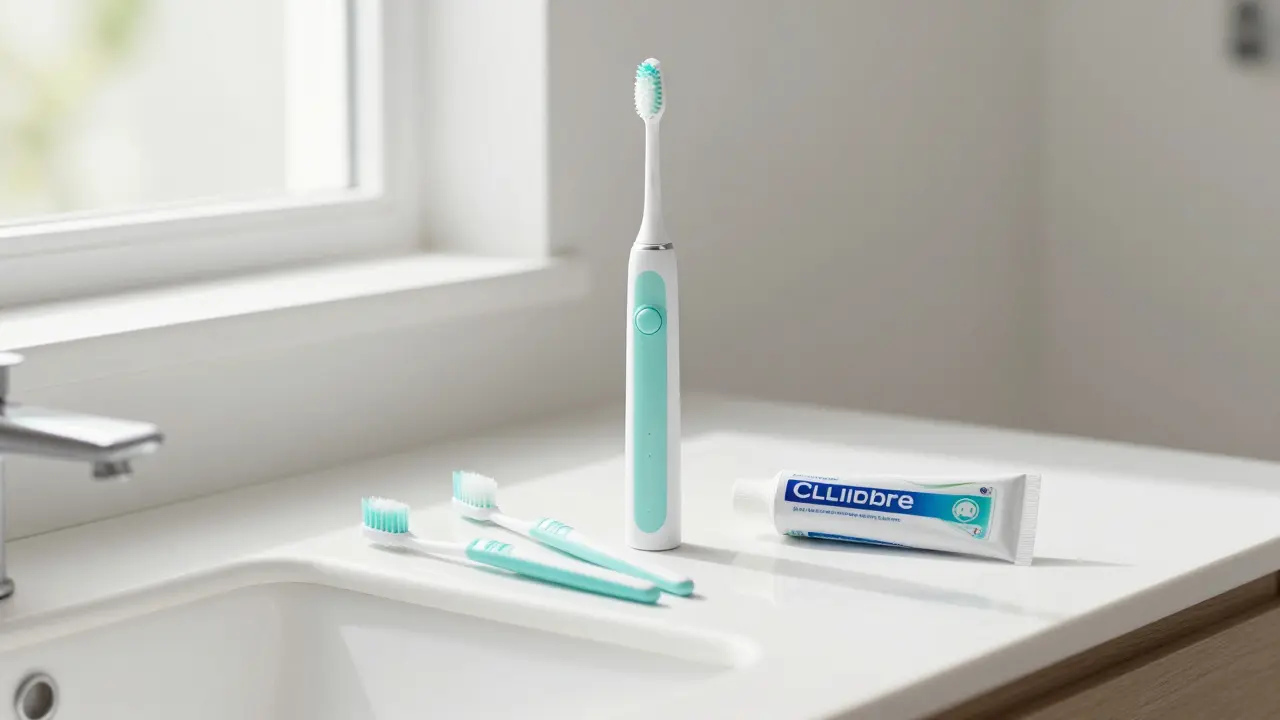 Sada pro domácí péči o zuby včetně mezizubních kartáčků.