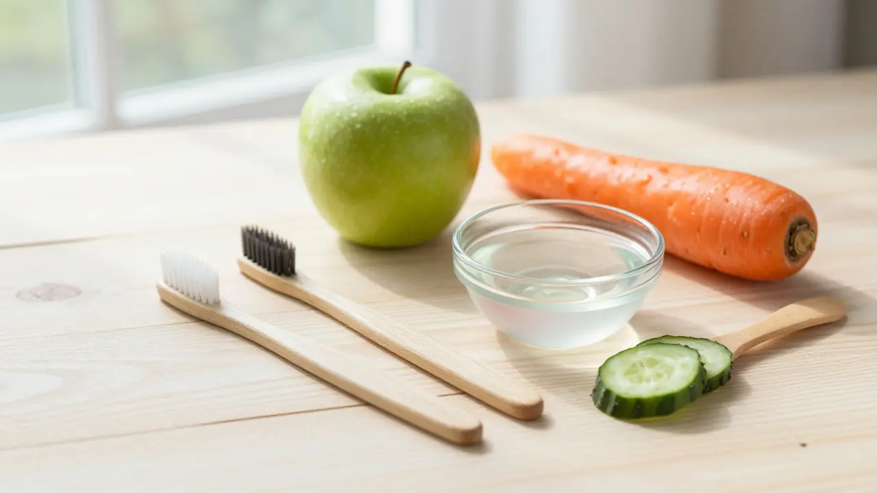 Sada zdravých potravin jako jablko a mrkev vedle kokosového oleje.