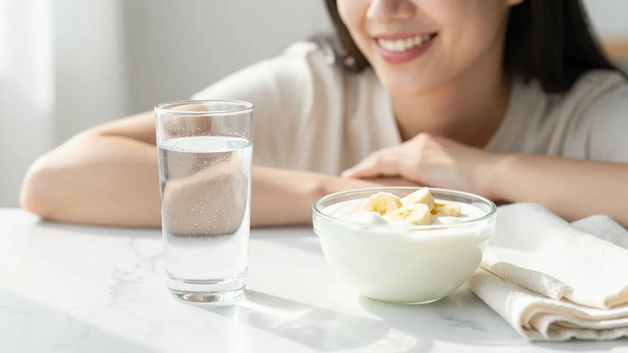 Snídaně z bílých potravin a zdravý, zářivě bílý úsměv na světlém pozadí.