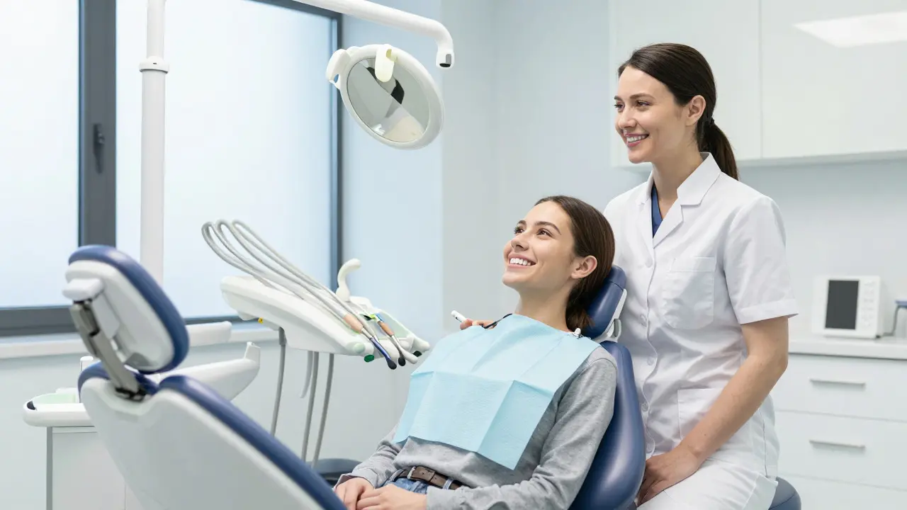 Spokojený pacient s bílým úsměvem v moderní zubní ordinaci.