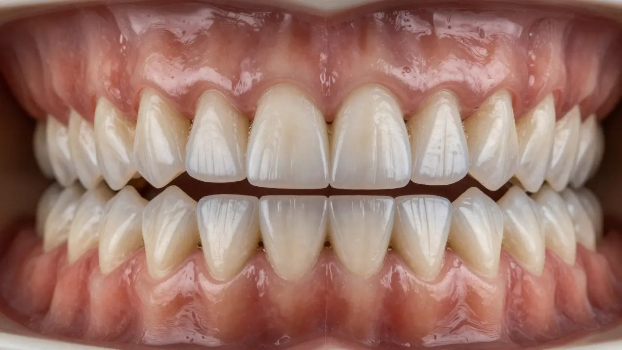 Srovnání zubů s mezerami před a po aplikaci estetických faset.