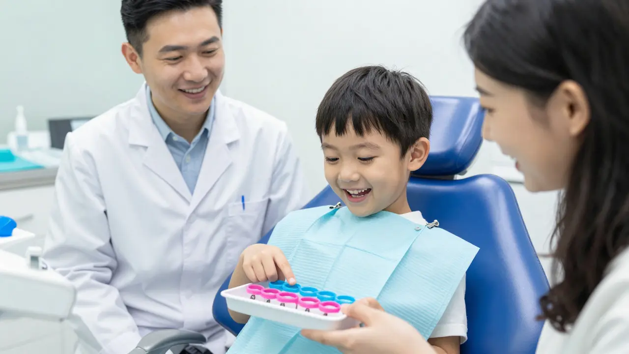 Šťastné dítě vybírající barevné gumičky u ortodontisty v přátelské atmosféře.