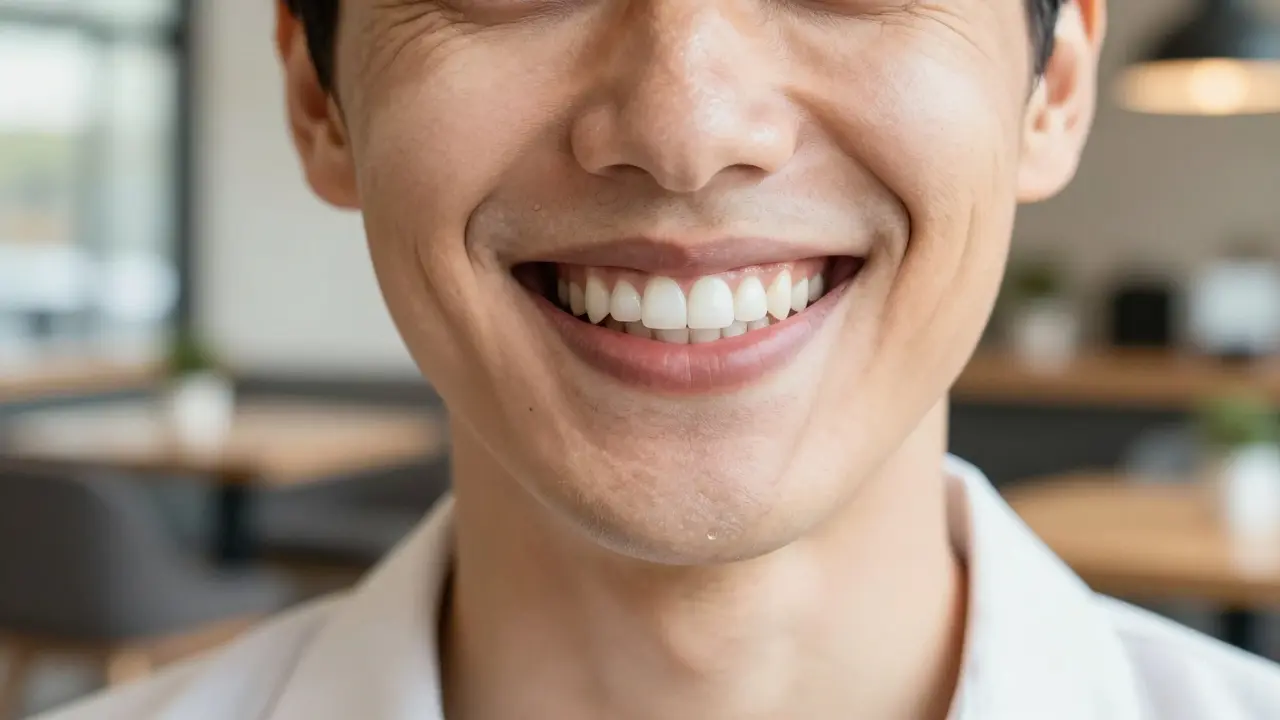 Šťastný dospělý člověk s krásným, rovným a bílým úsměvem.
