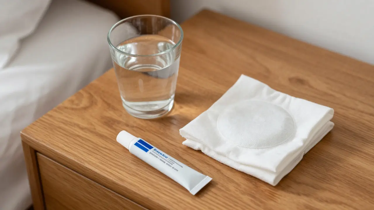 Sůlový poklop, studený obklad a dásňový gel na stole jako pomoc při bolesti.