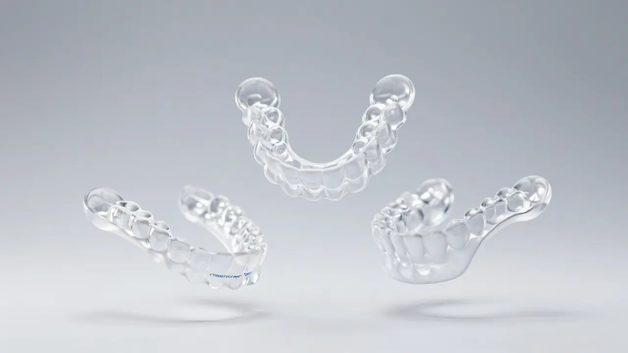 Tři různé typy průhledných plastových násobků pro vyrovnání zubů.