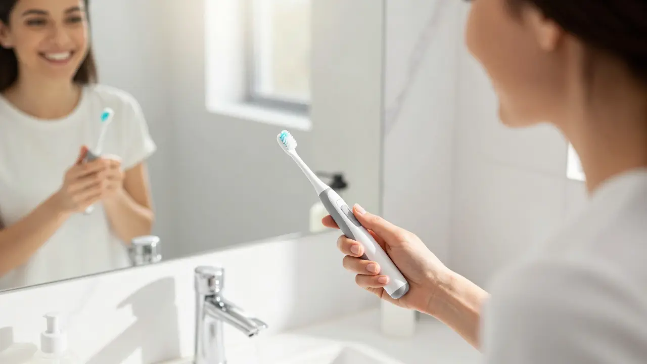 Usměv člověka s bílými zuby v moderní koupelně se sonickým kartáčkem.