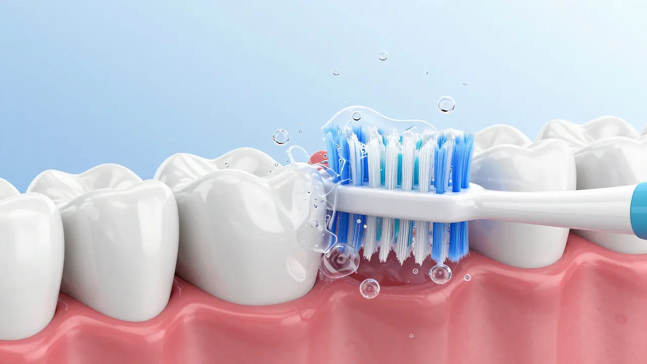 Vizualizace mikrobublinek při čištění zubů sonickým kartáčkem.