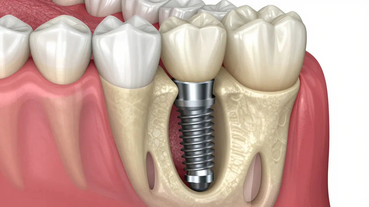 Anatomický průřez ukazující zdravý zubní implantát v kosti