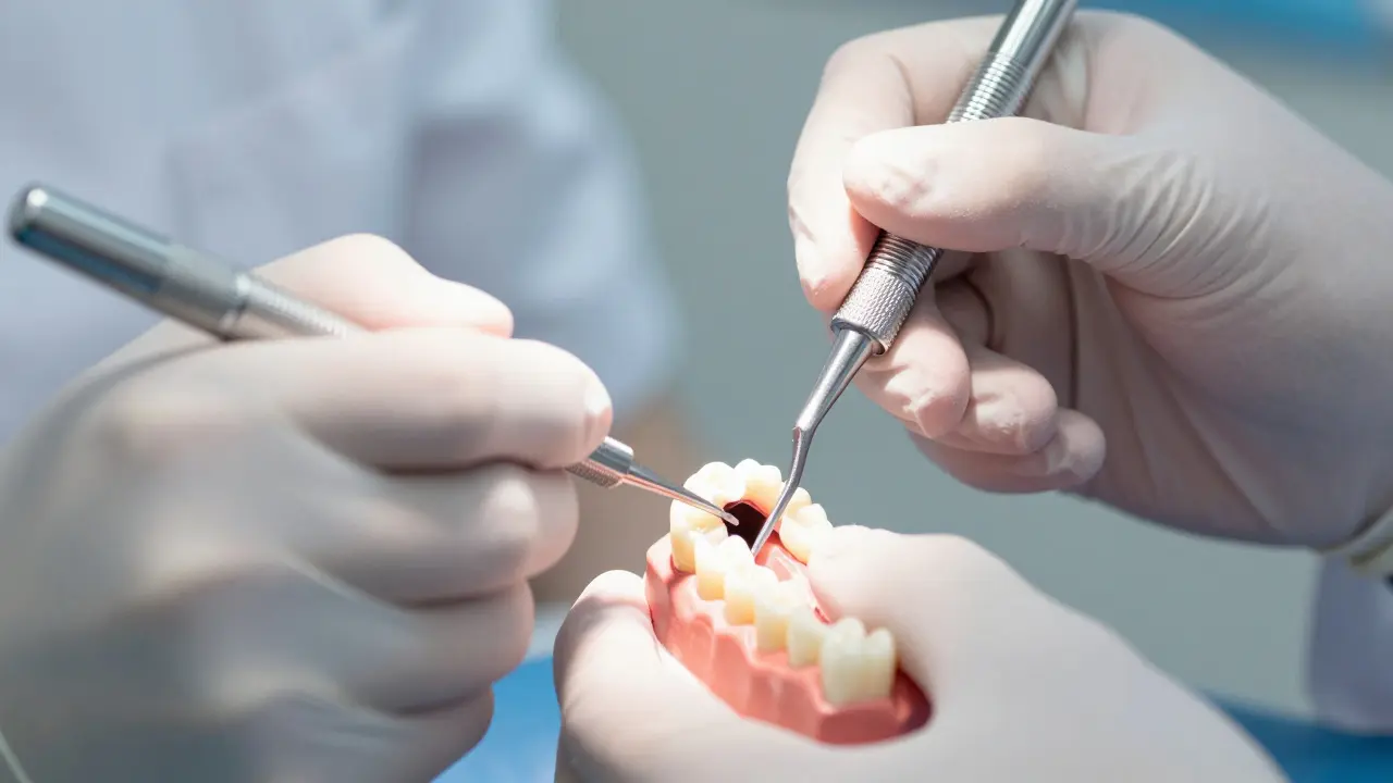Detailní záběr na profesionální nástroje při extrakci zubu