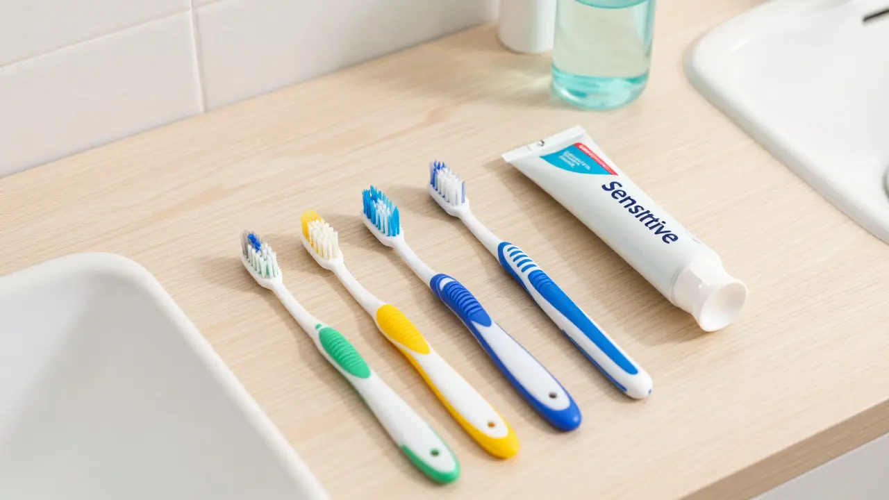 Hygienické pomůcky pro péči o implantáty na dřevěném povrchu