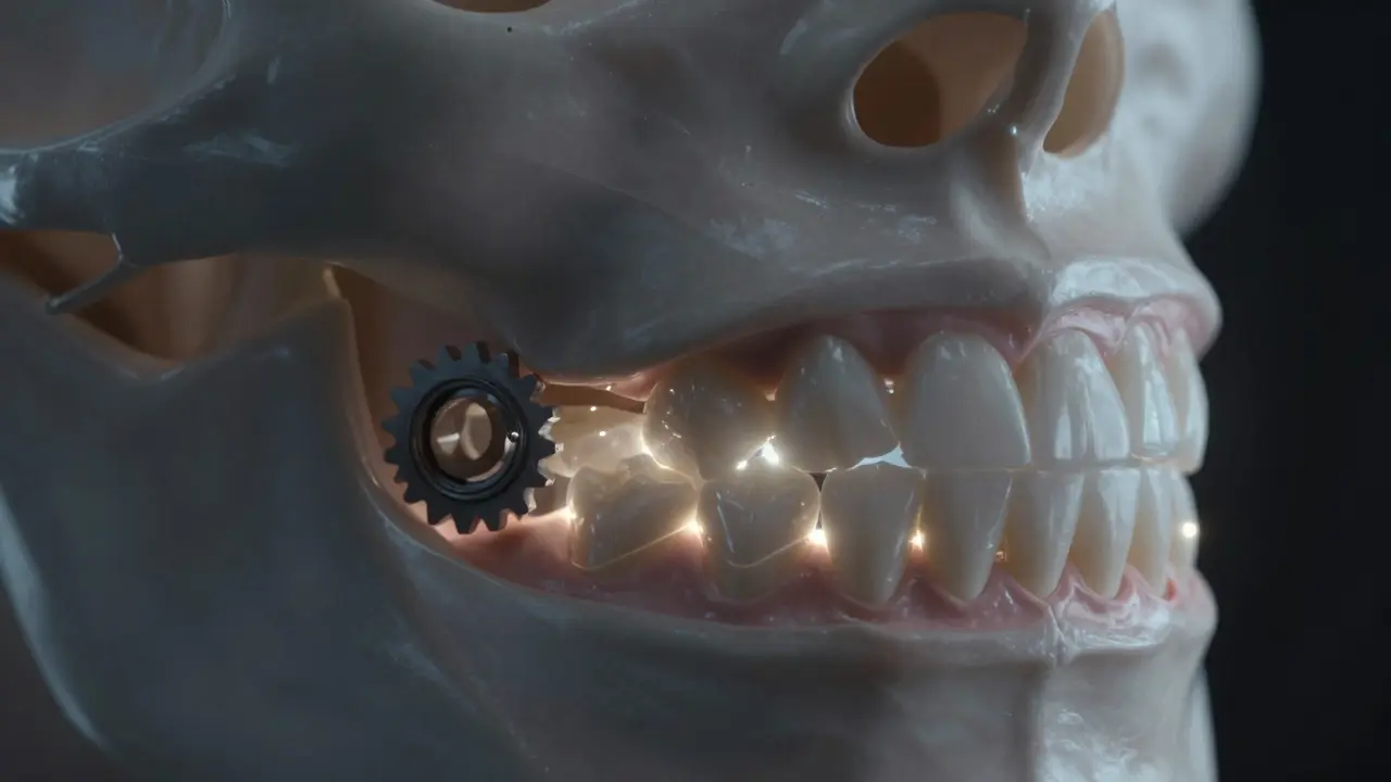 Koncept ideálního skusu zobrazující zuby jako přesné mechanické součásti.