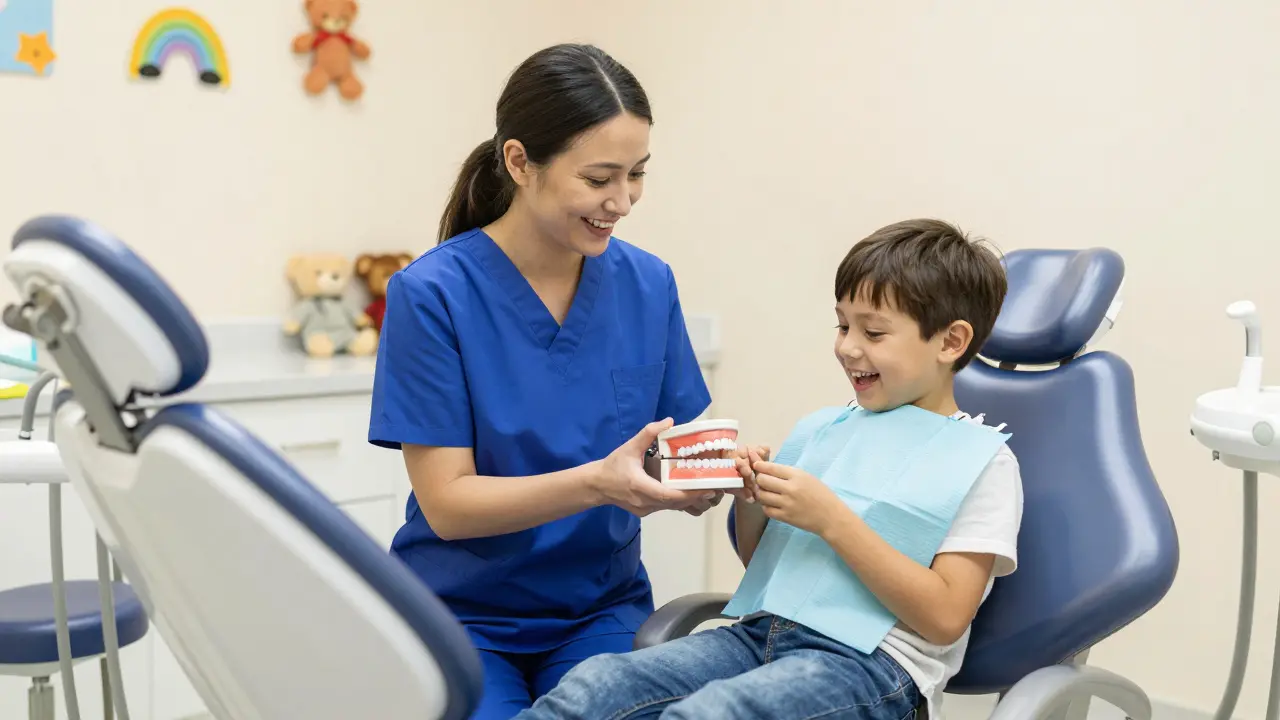 Pediatrický dentista hraje s dítětem v ordinaci
