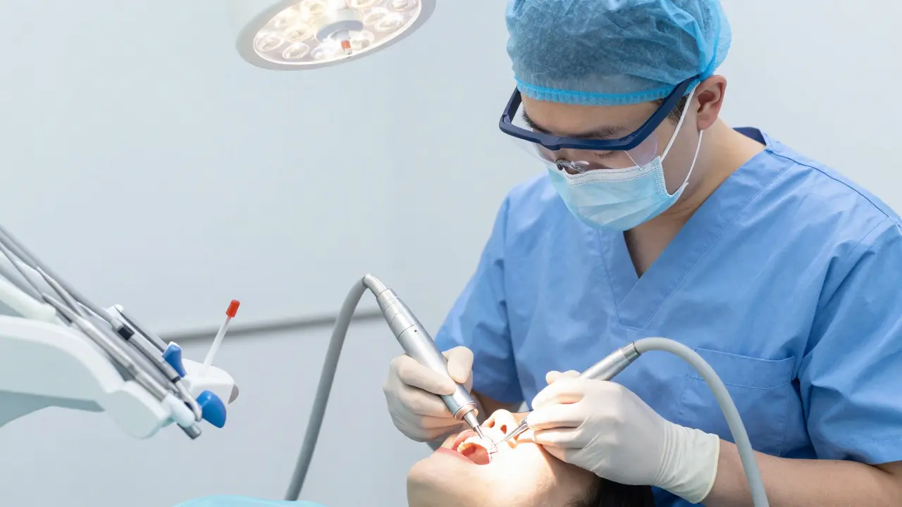 Stomatolog provádí šetrné ošetření zubního kazu v moderní ordinaci