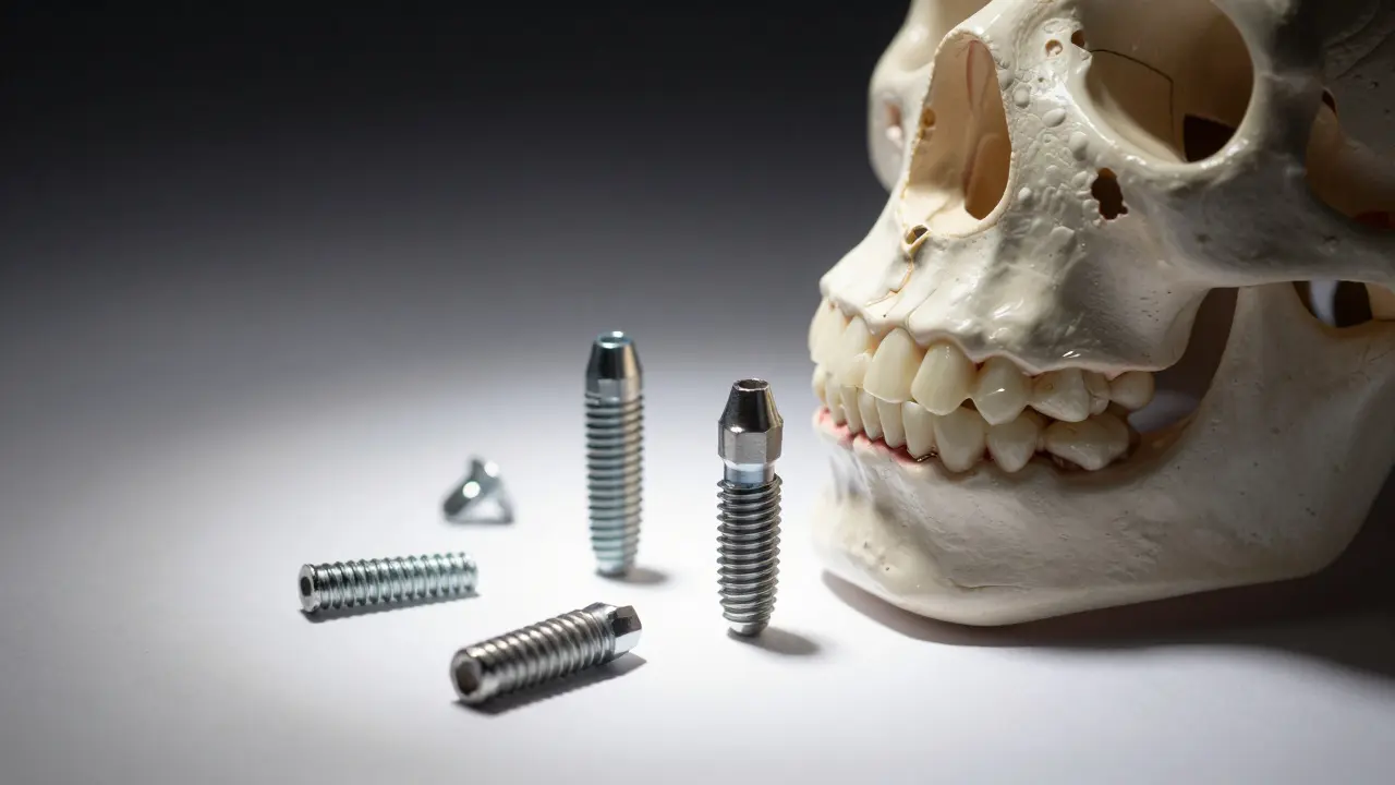 Zubní implantáty a model čelisti na stérilním stole