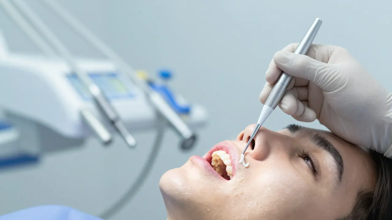 Zubní lékař provádí diagnostiku hloubky dásňových kapes sondou v ordinaci.