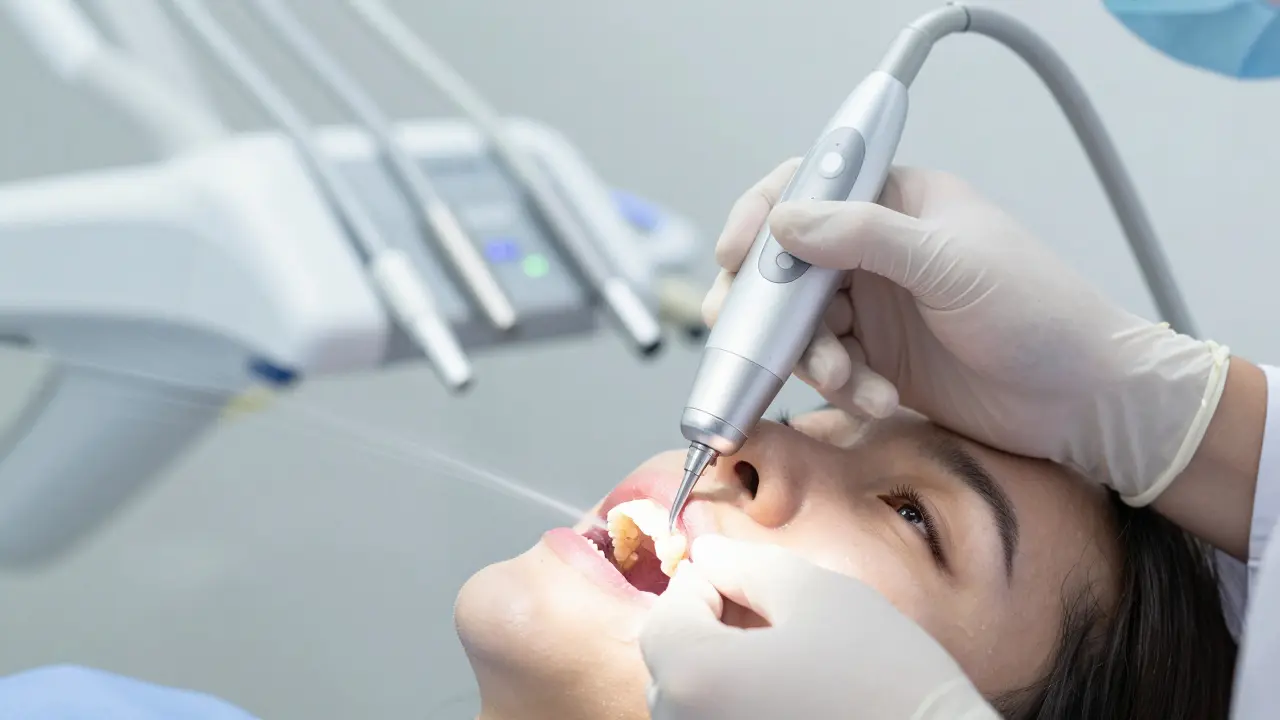 Dentální hygienista čistí zuby ultrazvukovým škálerem